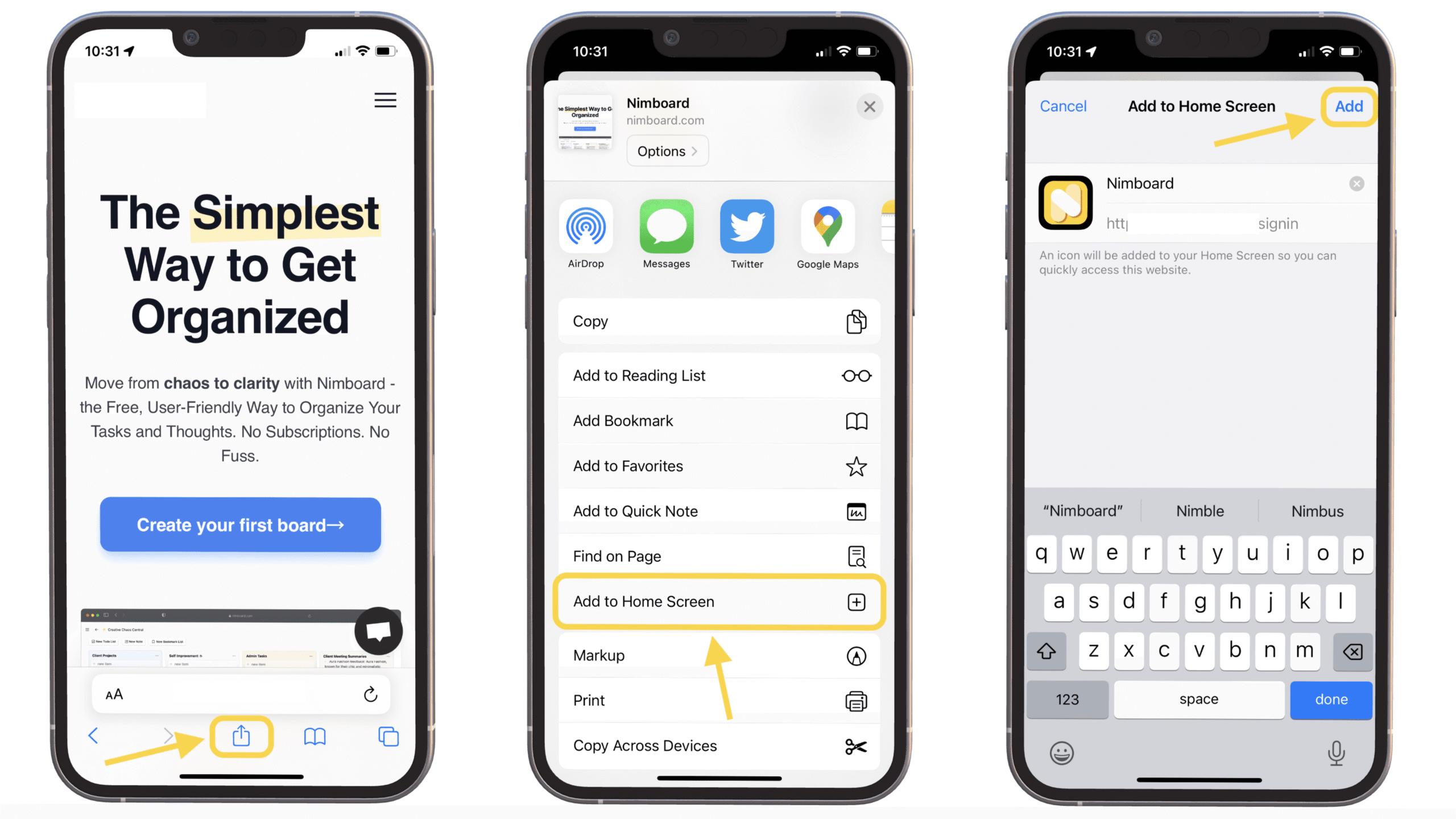 iOS Safari Share → Add to Home Screen guide
